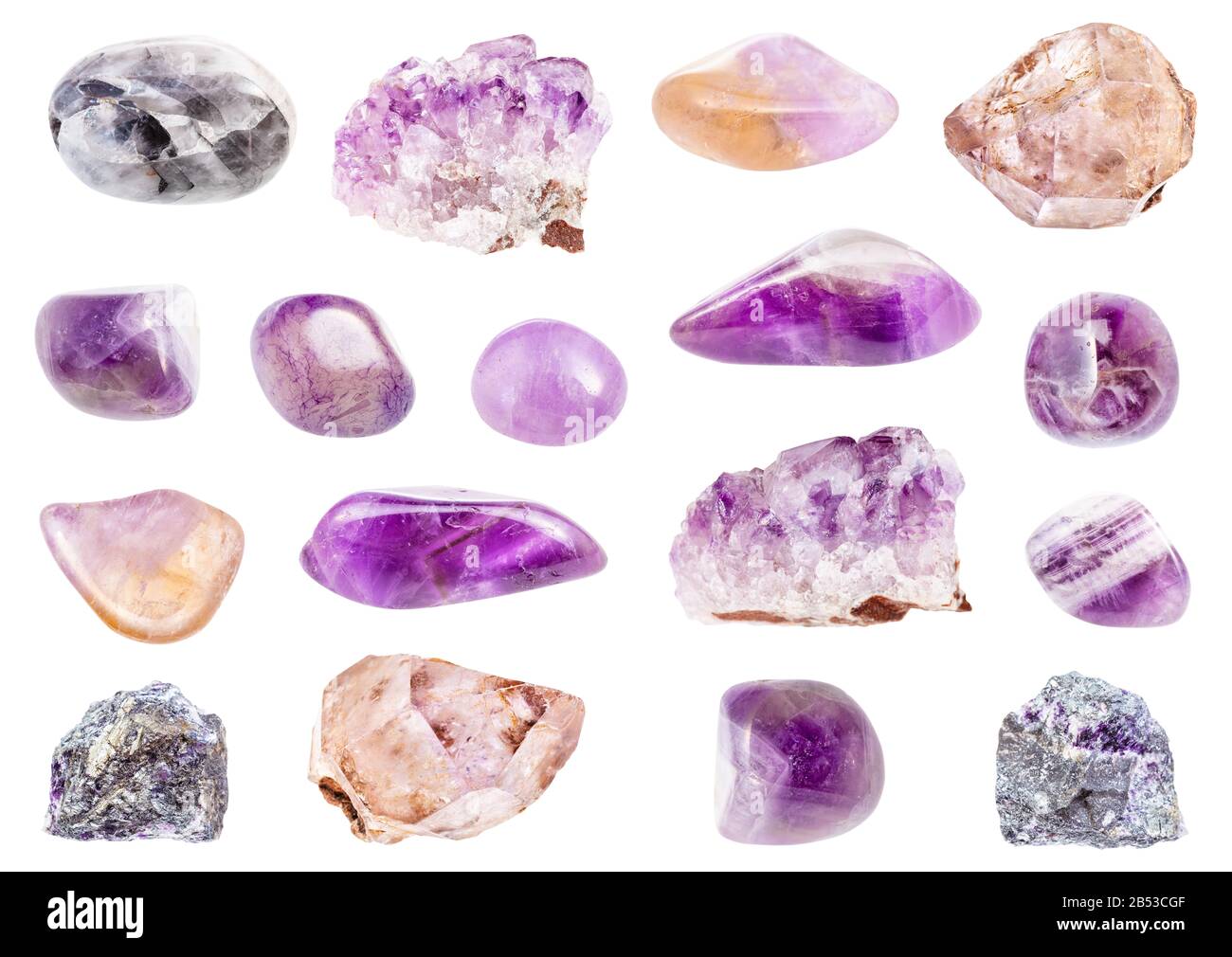 Set di varie gemme Amethyst isolato su sfondo bianco Foto Stock