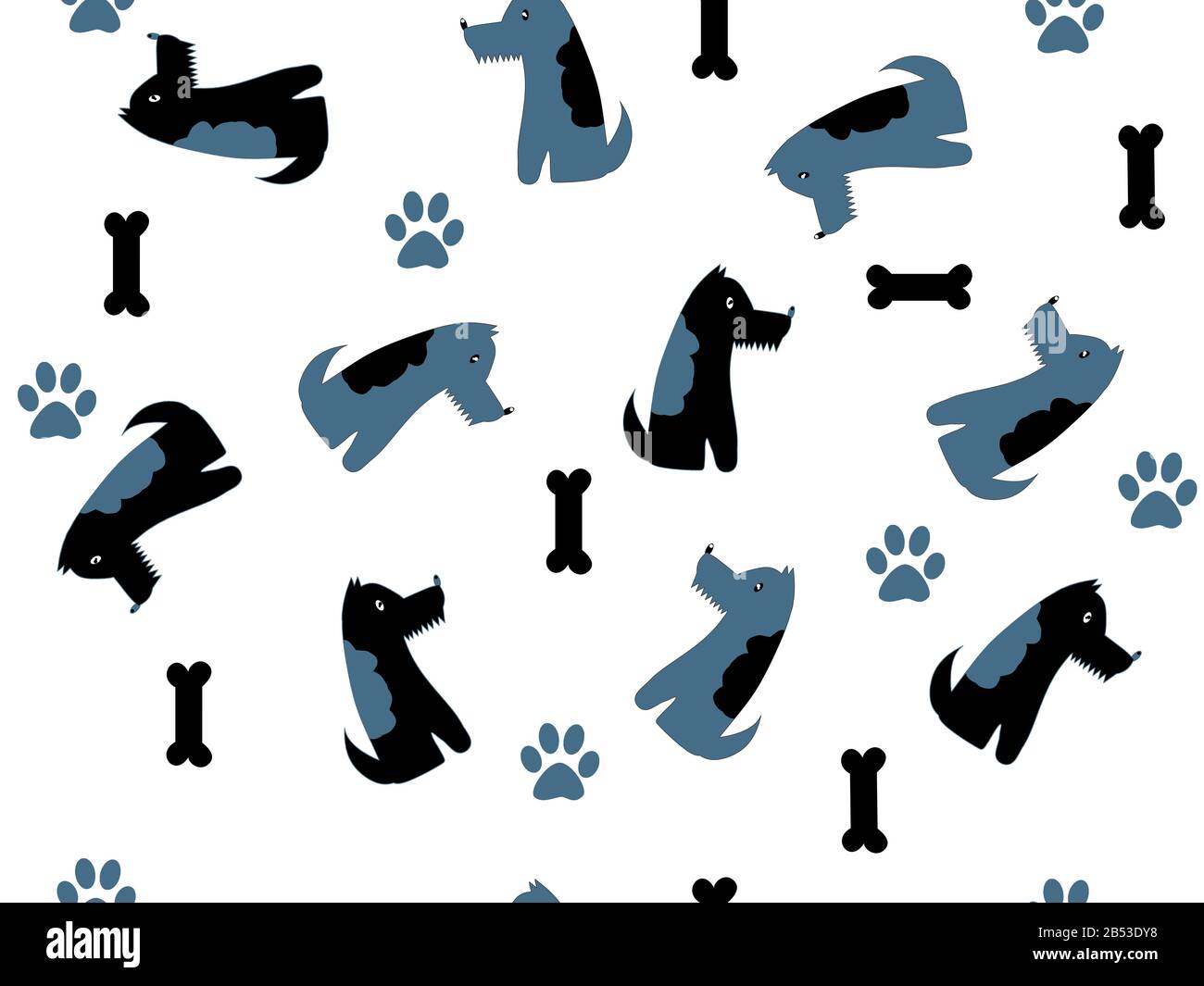 Motivo senza cuciture con motivo per bambini. Due cani seduti in un motivo ripetitivo con silhouette di ossa e zampe stampate su uno sfondo bianco. Foto Stock