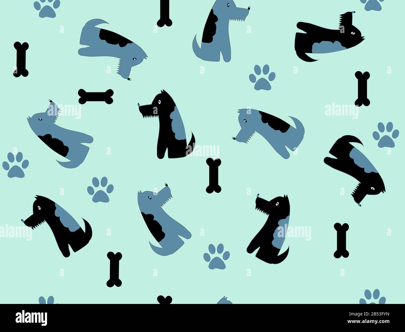 Motivo senza cuciture con motivo per bambini. Due cani seduti in un motivo ripetitivo con silhouette di ossa e zampe stampate su uno sfondo blu pastello. Foto Stock
