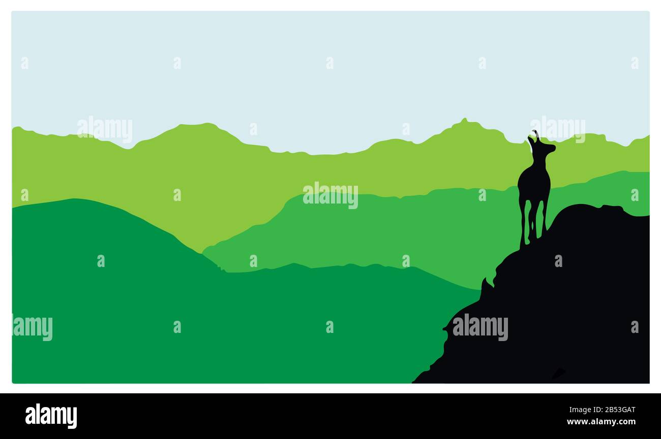 Un camoscio si erge sulla cima di una collina con le montagne sullo sfondo. Silhouette nera con sfondo verde. Illustrazione. Foto Stock