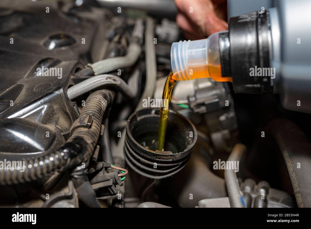 Il meccanico dell'automobile versa l'olio di automobile nuovo nel motore da un serbatoio di plastica in un'officina dell'automobile. Foto Stock