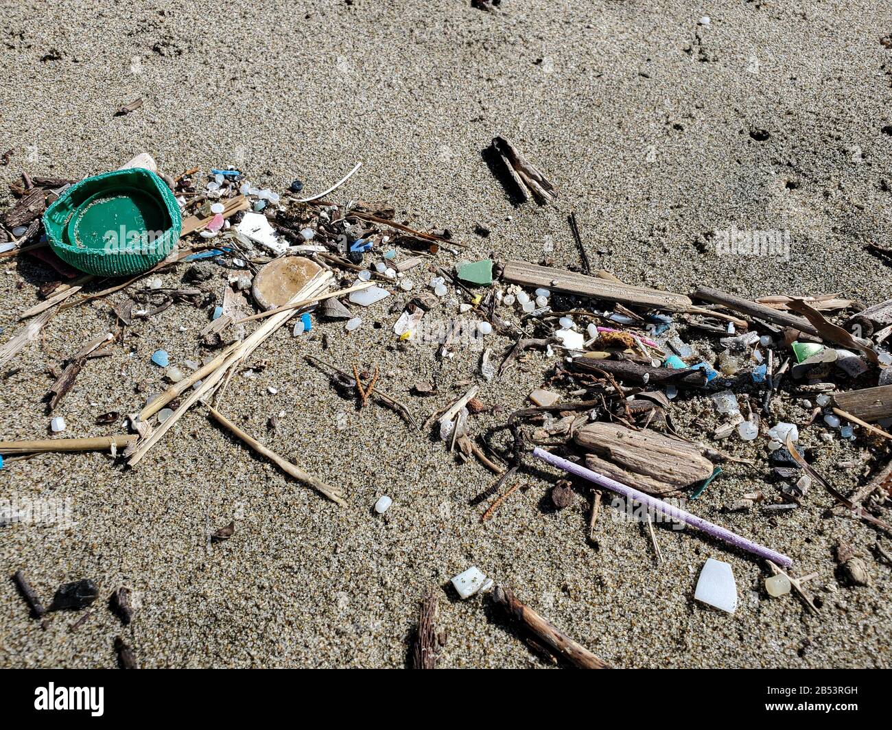 Bottiglia di sughero verde in plastica sulla costa sabbiosa del mare, ecosistema inquinato, microflastica Foto Stock
