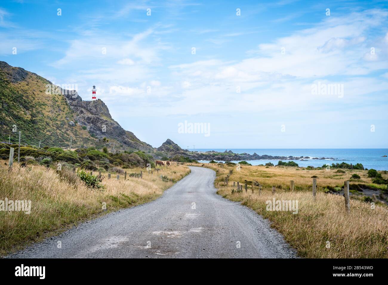 Faro isolato su una scogliera a Cape Palliser, Nuova Zelanda Foto Stock