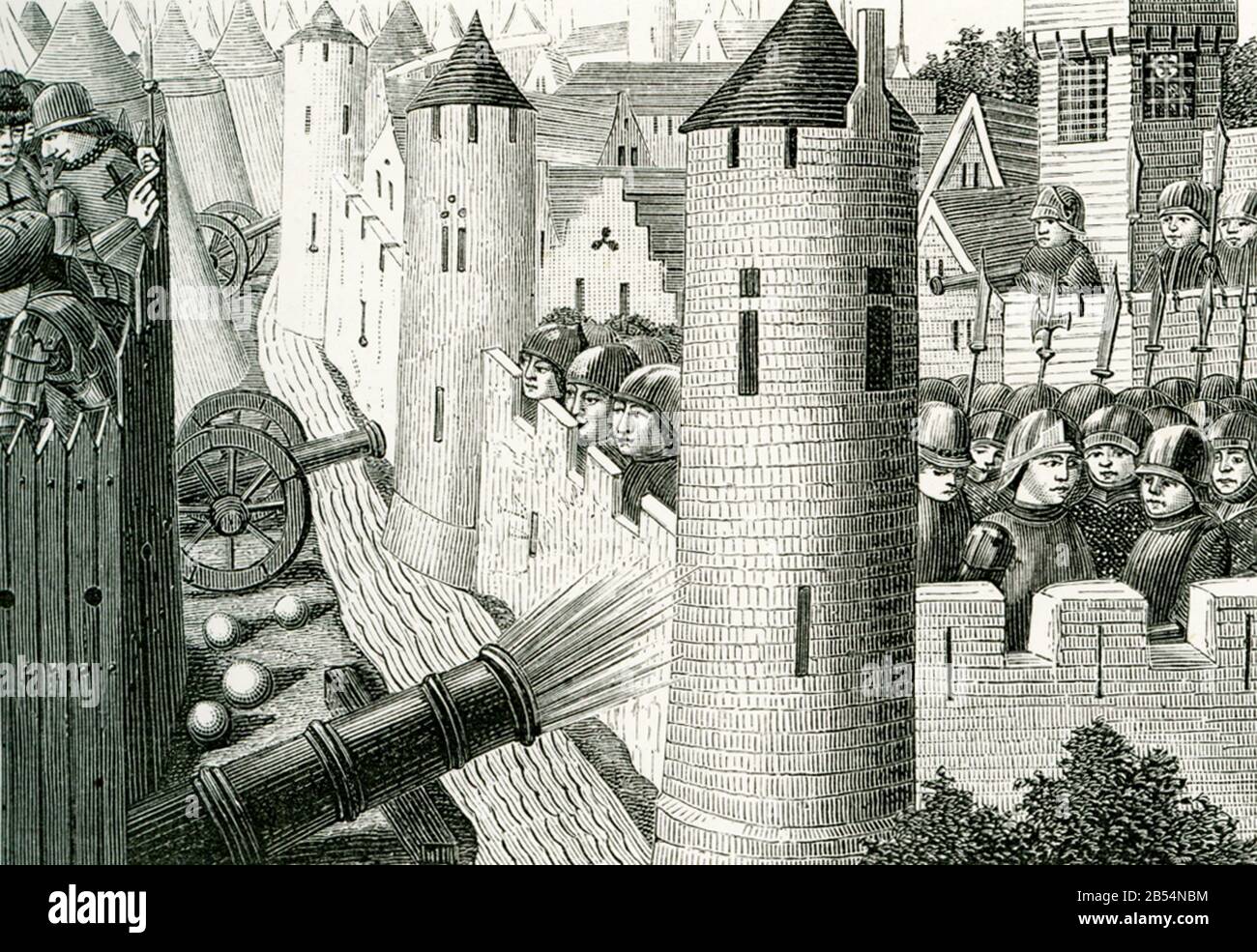 Questa illustrazione è tratta da un libro stampato in Francia e risale al 15th secolo. La didascalia traduce: Salisbury, stazionato sulla seconda storia della fortezza di Tourelles in preparazione per l'assedio di Orleans è fatalmente ferito da uno shard palla Foto Stock