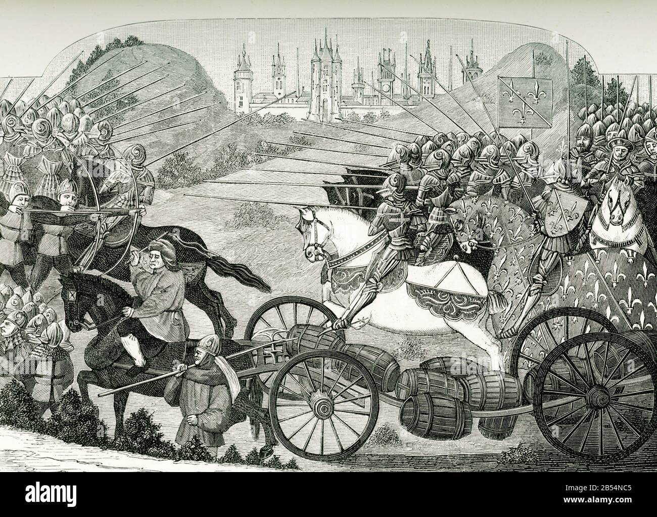 Il viaggio degli Herrings, da una Cronaca del tempo di Carlo III, scritta da Jean Charetier. Il giorno in cui Jeanne d’Arc dà questa battaglia, andò a trovare il sito di Baudricourt a Vaucouleurs. Gli dice: Nel nome di Dio, mi stai volendo troppo tempo per mandarmi, oggi il nobile Delfino è vicino a un grande pericolo a d’Orleans; ed è in pericolo di averlo ancora più grande se non mi mandate a lui presto. Questo convoglio di approvvigionamento consisteva di "circa 300 carri e carri, che trasportavano alberi a balestra, cannoni e palle di cannone, ma anche barili di aringa". Questi ultimi erano bei Foto Stock