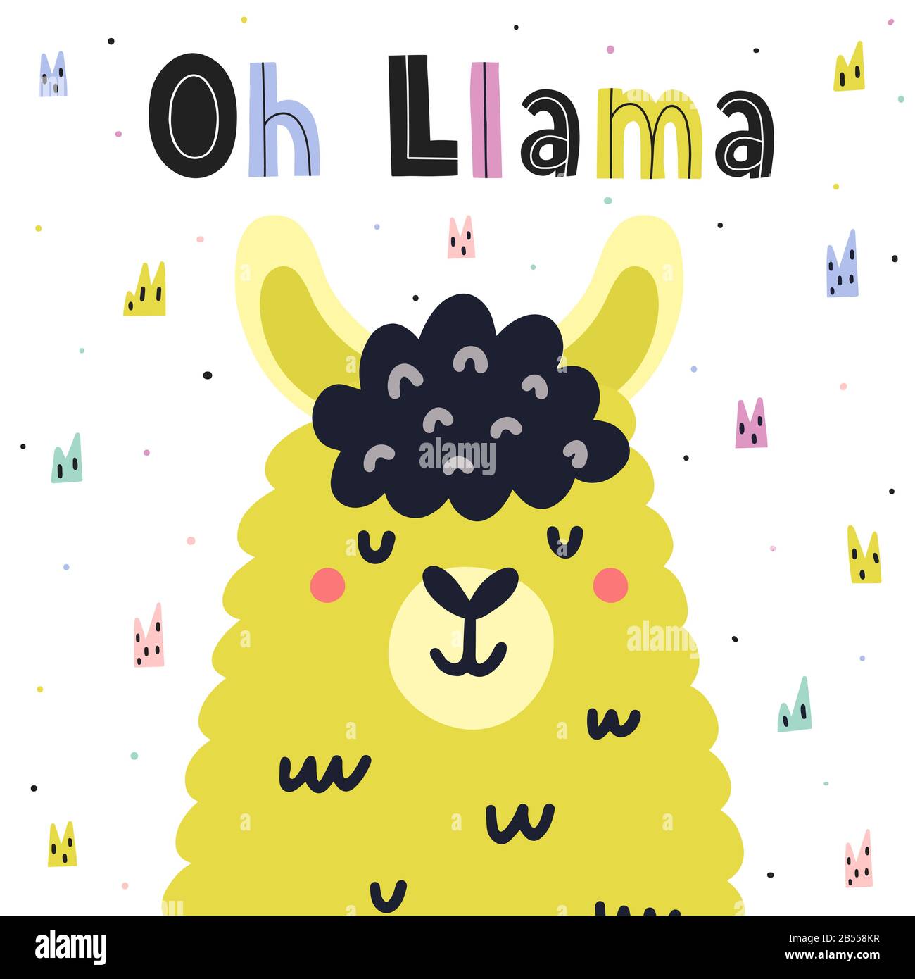 OH Llama carta carina in stile scandinavo con scritte a mano Illustrazione Vettoriale