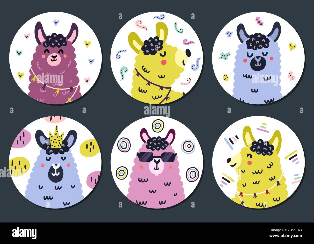 Set adesivi Circle Shape con cute llama per bambini. Divertente collezione di stampe con alpaca Illustrazione Vettoriale