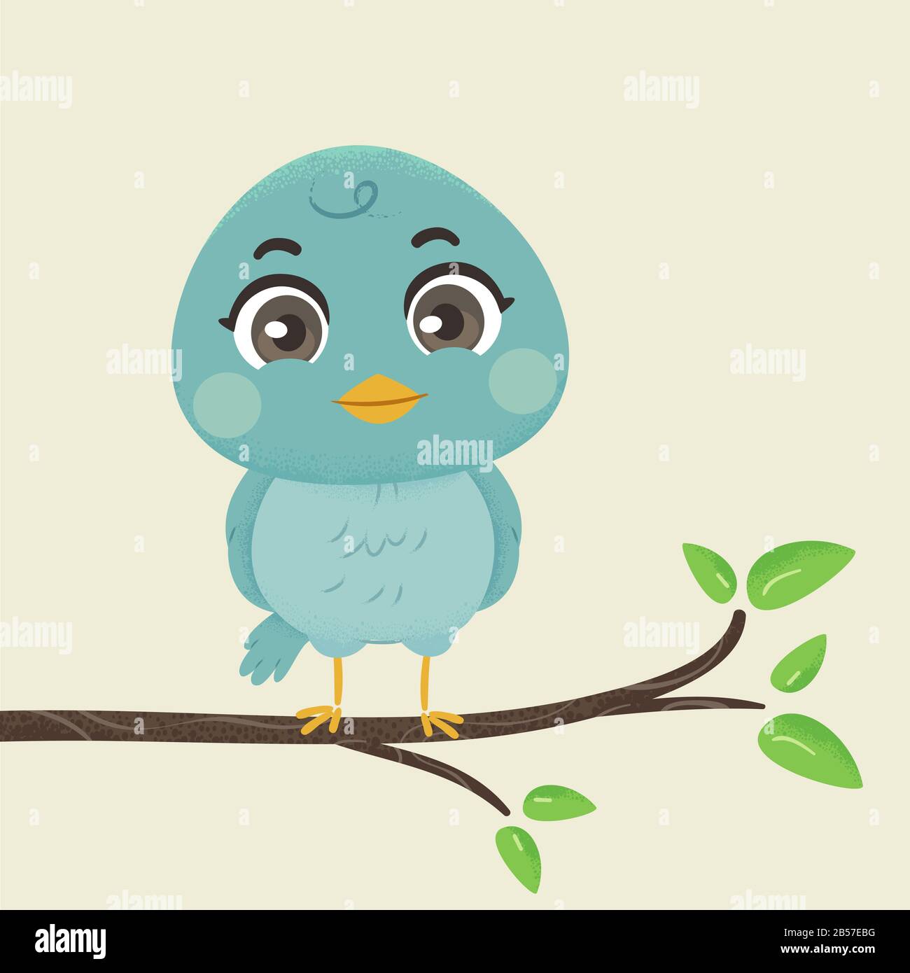 Illustrazione di un uccello carino con Gli Occhi rotondi Amabili Che Guardano avanti Perching su un ramo di albero Foto Stock