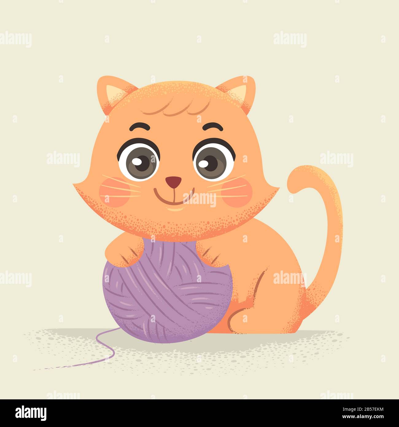 Illustrazione di un gatto con Attraenti Occhielli rotondi e una coda lunga Che Guarda in avanti giocando con una sfera Di Filato Foto Stock