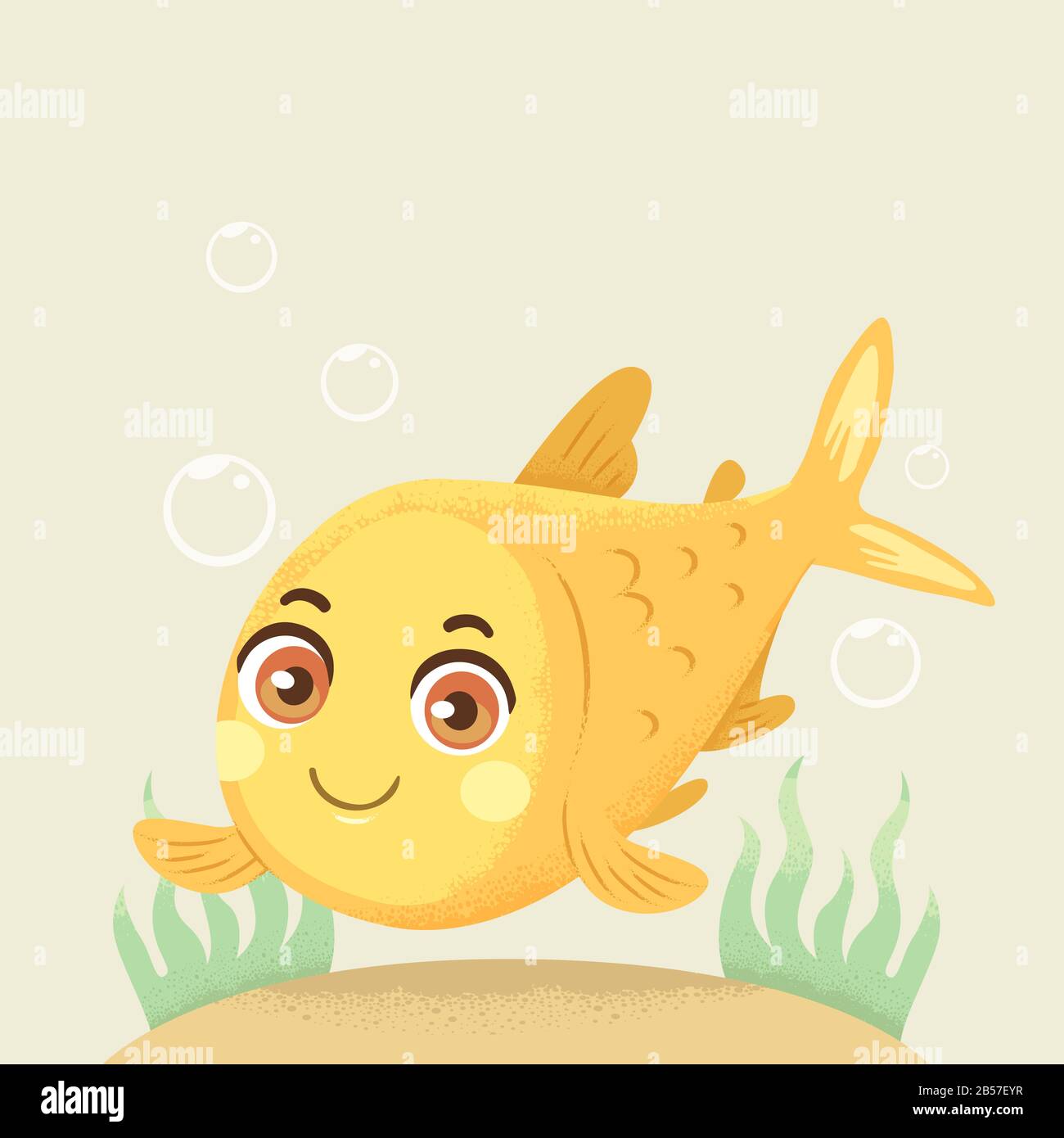 Illustrazione di un Goldfish con Gli Occhi rotondi Graziosi Che Guardano Direttamente avanti Nuoto Sotto il mare con Le Bolle e le alghe Foto Stock