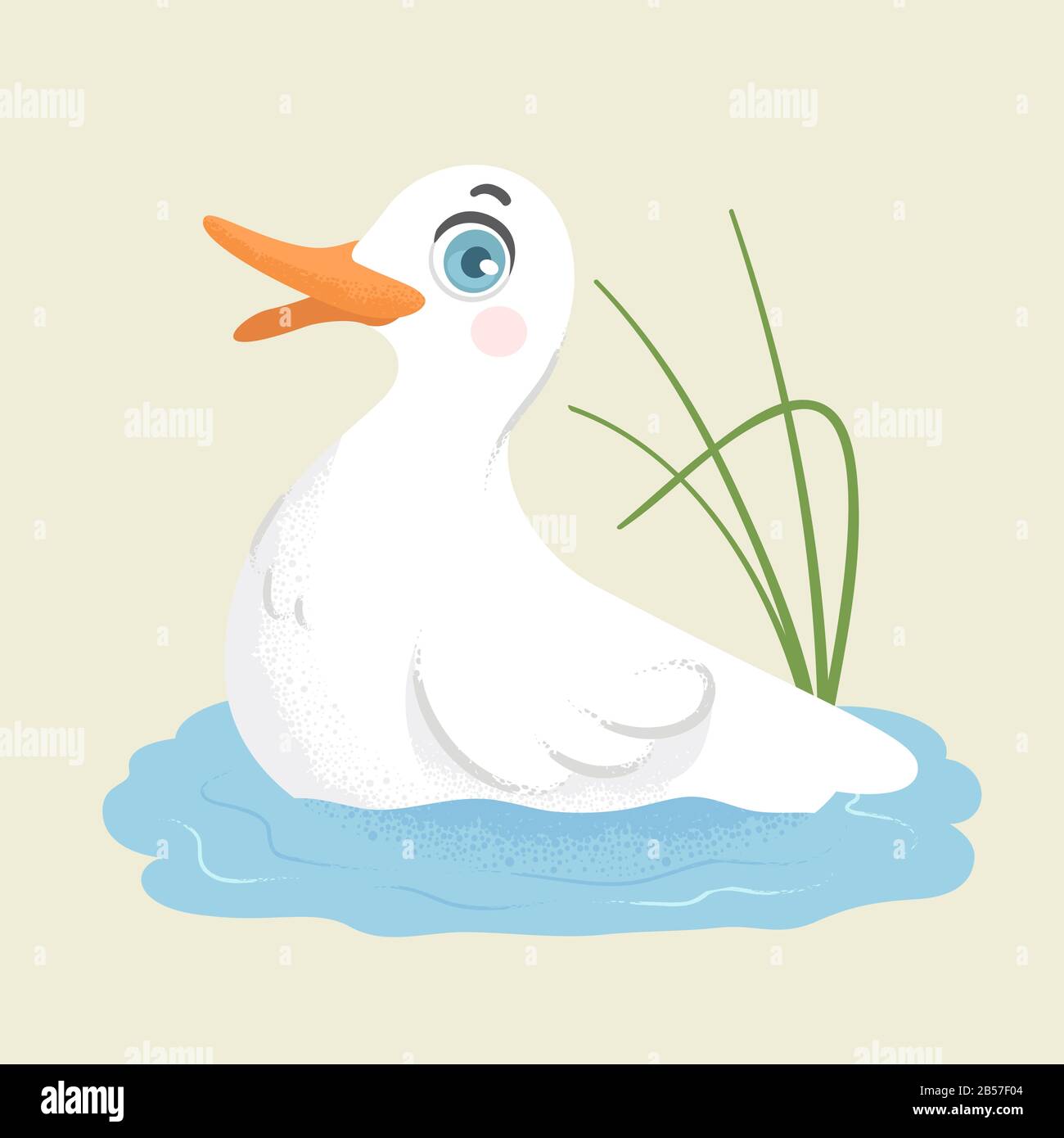 Illustrazione di un anatra bianca con Graziosi Occhi rotondi Nuoto in uno stagno con erba Foto Stock