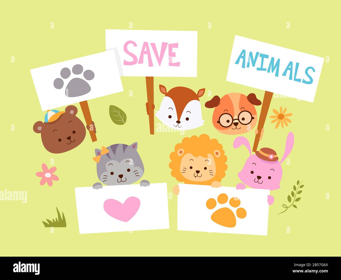 Illustrazione Di Animali Da Bear, Fox, Dog, Cat, Lion E Rabbit Holding Cartelloni Per La Consapevolezza Animale Foto Stock