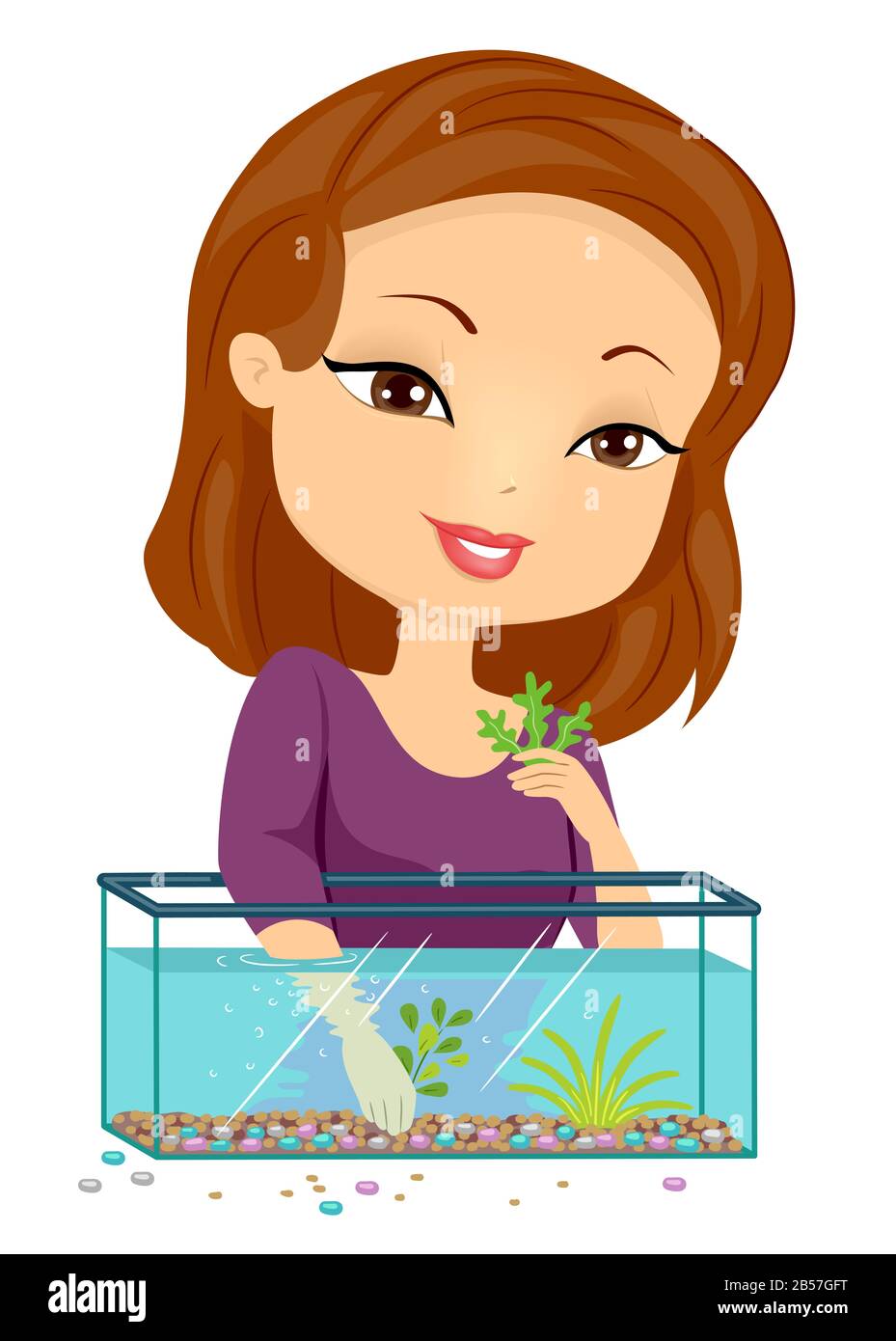 Illustrazione di una ragazza che tiene alghe e progettazione di un acquario con ciottoli e Altre Piante D'Acqua Foto Stock