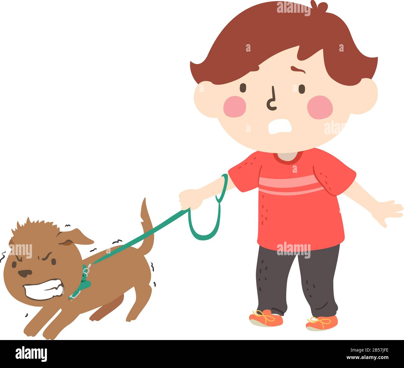 Illustrazione Di Un Ragazzo Preoccupato Del Capretto Che Tira Il Suo Cane Arrabbiato Su Leash Foto Stock