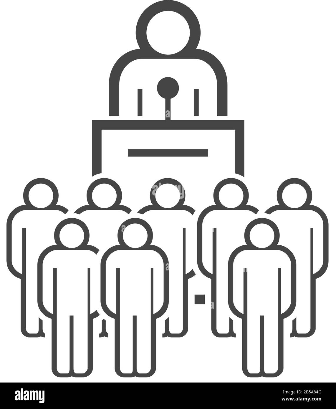 Oratore che parla da tribune. Relatore pubblico. Persone folla, elettori, pubblico. Icona della linea vettoriale isolata su sfondo bianco. Illustrazione Vettoriale