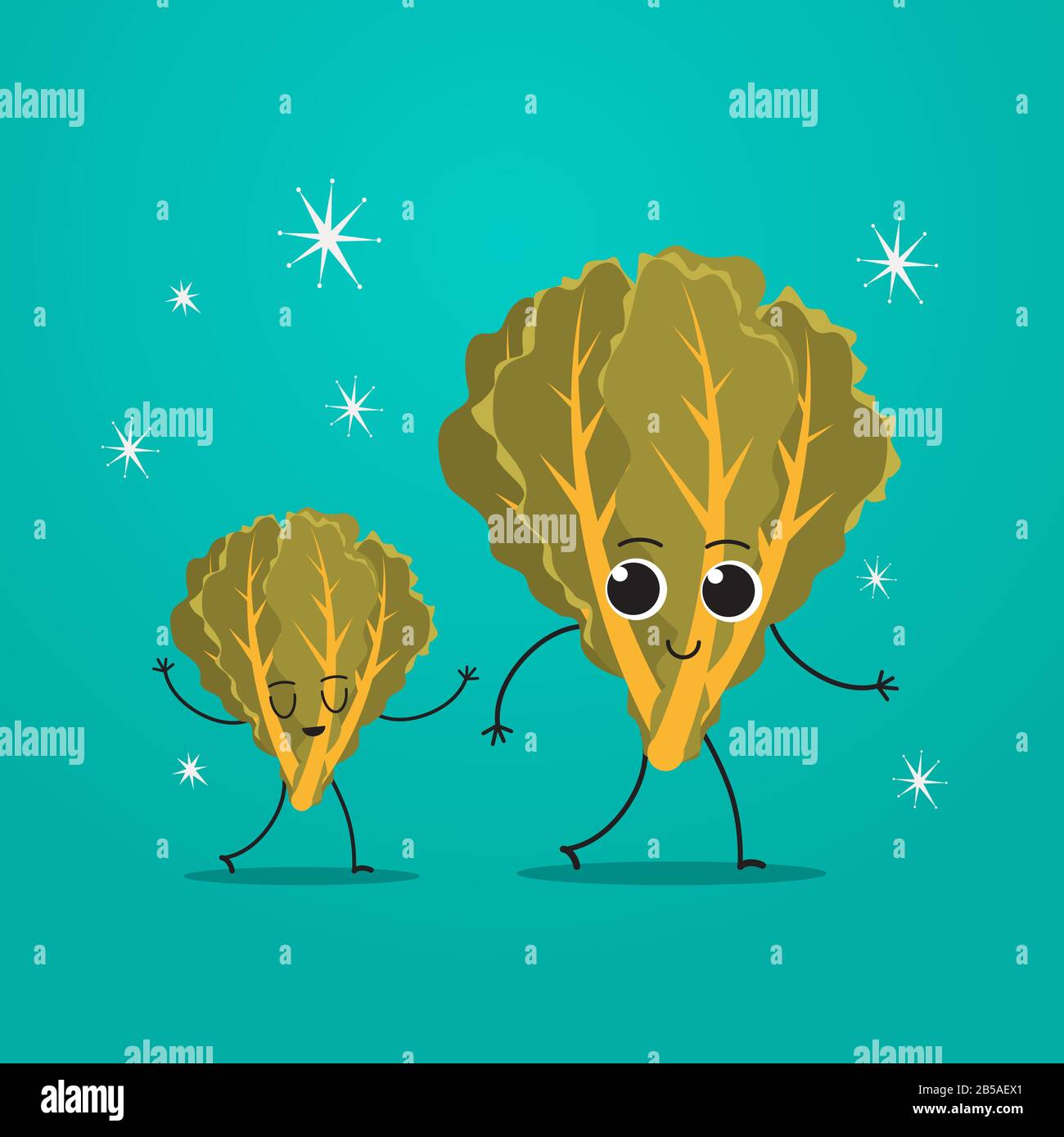 cute verde lattuga personaggi coppia divertente cartone mascotte verdure personaggi sano concetto di cibo illustrazione vettore Illustrazione Vettoriale
