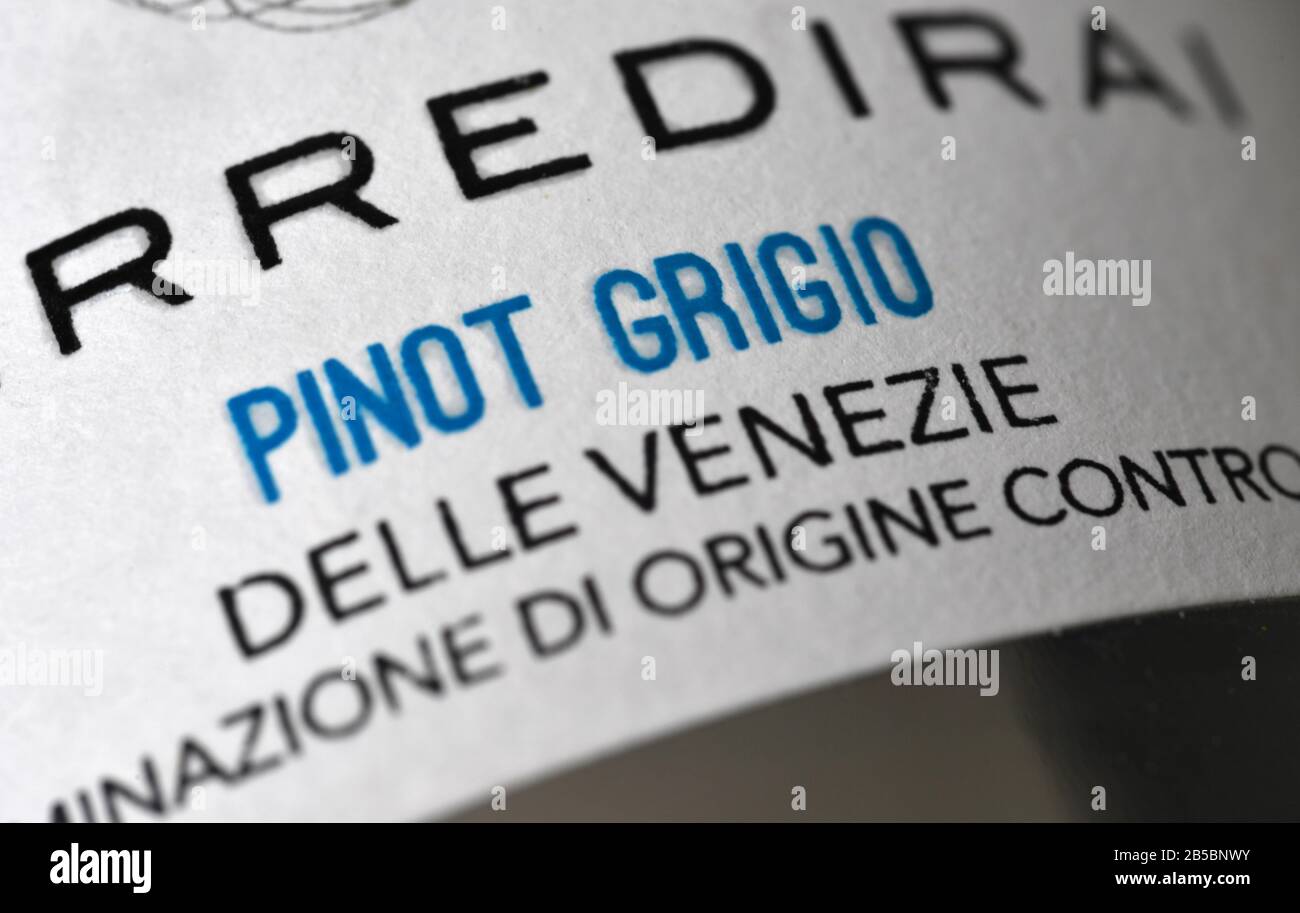 Etichetta con bottiglia di Pinot Grigio delle Venezie, Italia. Credito: Malcolm Park/Alamy. Foto Stock
