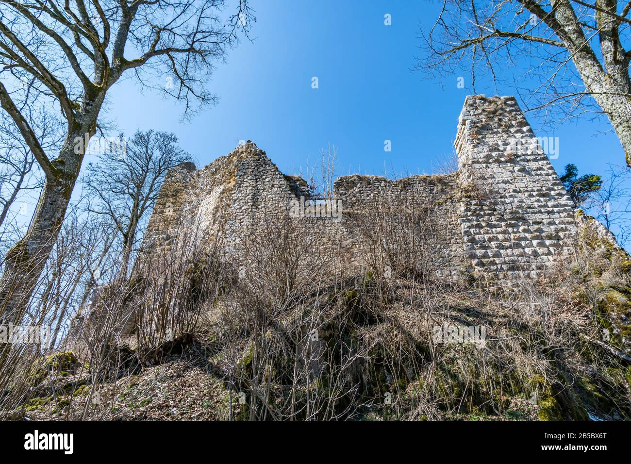 Escursione primaverile nella splendida valle del Danubio, lungo le rovine del castello di Kallenberg, fino al castello di Bronnen, vicino a Fridingen, sul Danubio Foto Stock