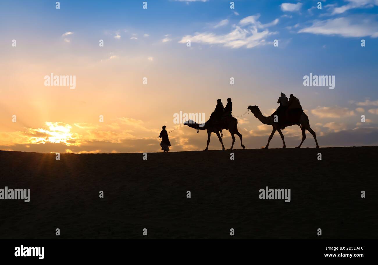 Turista sul cammello indietro nella silhouette al tramonto a Thar deser Jaisalmer Rajasthan, India Foto Stock