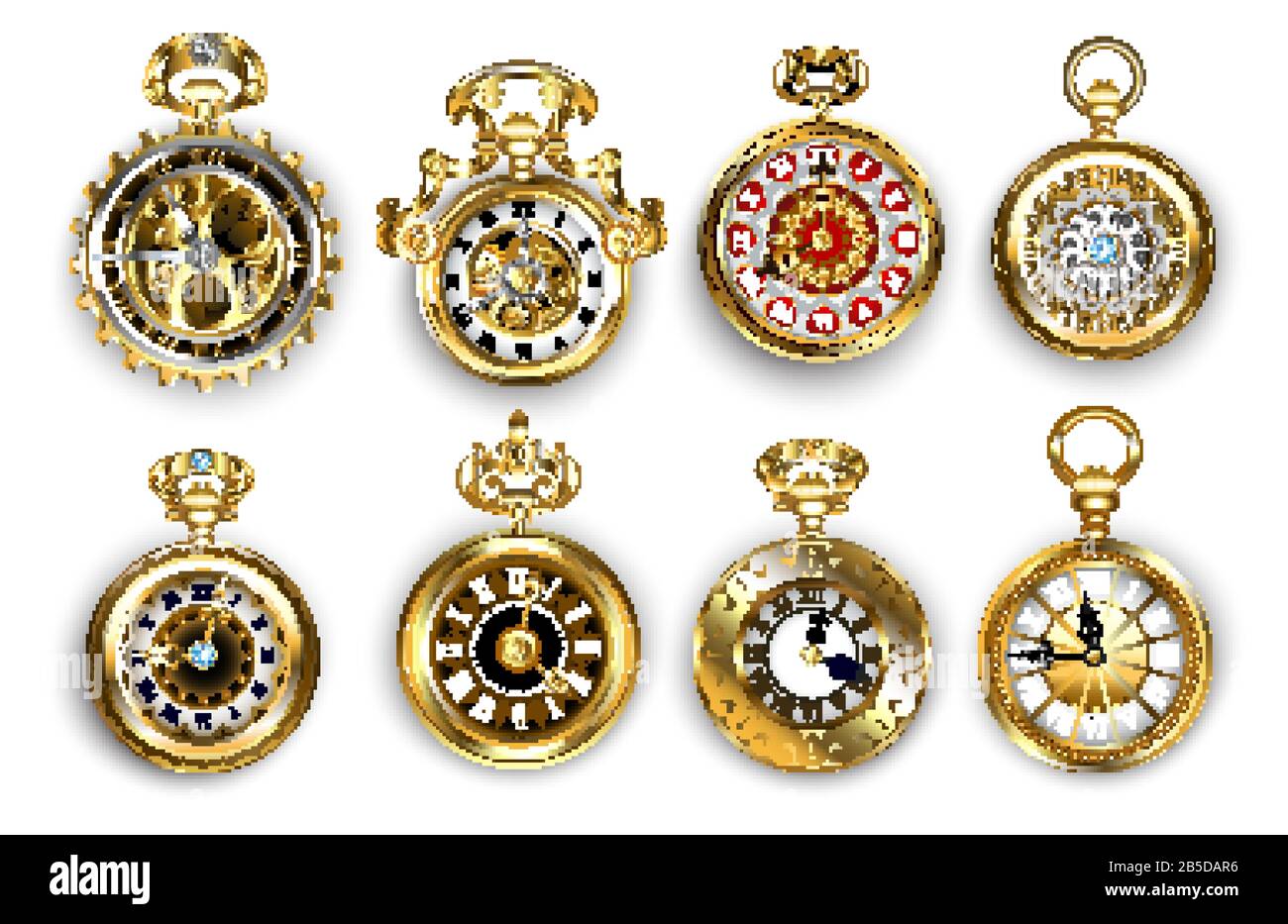 Set di orologi antichi, gioielli, antichi, oro, decorati con motivi e ingranaggi in ottone su sfondo bianco. Stile steampunk. Orologio tascabile vintage. Illustrazione Vettoriale