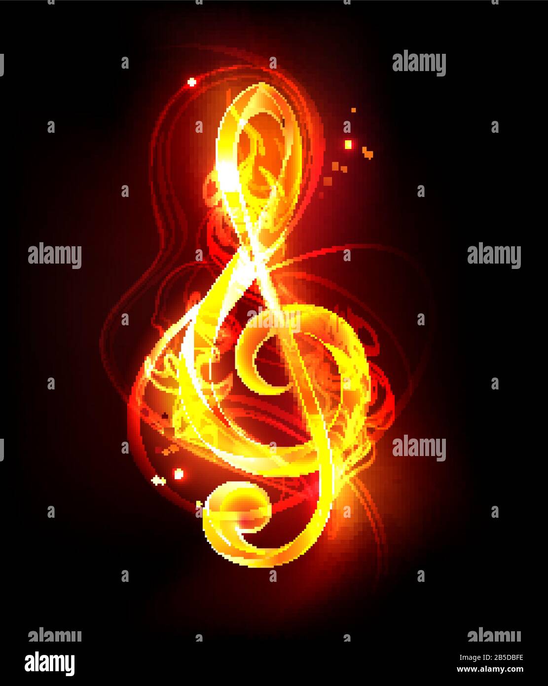 Chiave musicale artisticamente disegnata fatta di fiamma rossa su sfondo nero. Simbolo Fiery. Illustrazione Vettoriale