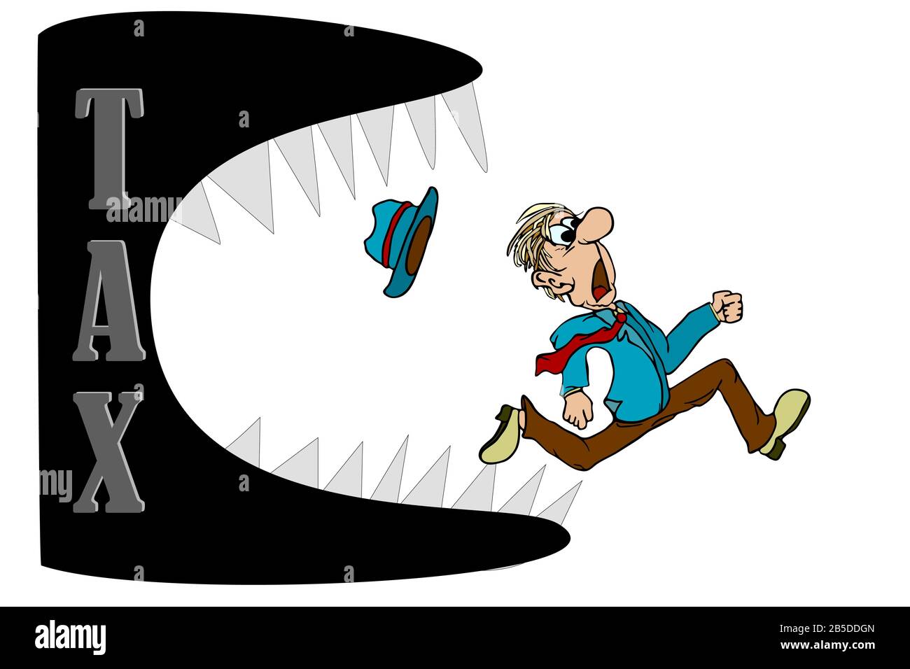 Uomo d'affari che si allontana dal mostro di valutazione Delle Tasse. Sfruttamento finanziario del concetto di impresa.pesante fardello fiscale.Stock vettore isolato su bianco Illustrazione Vettoriale