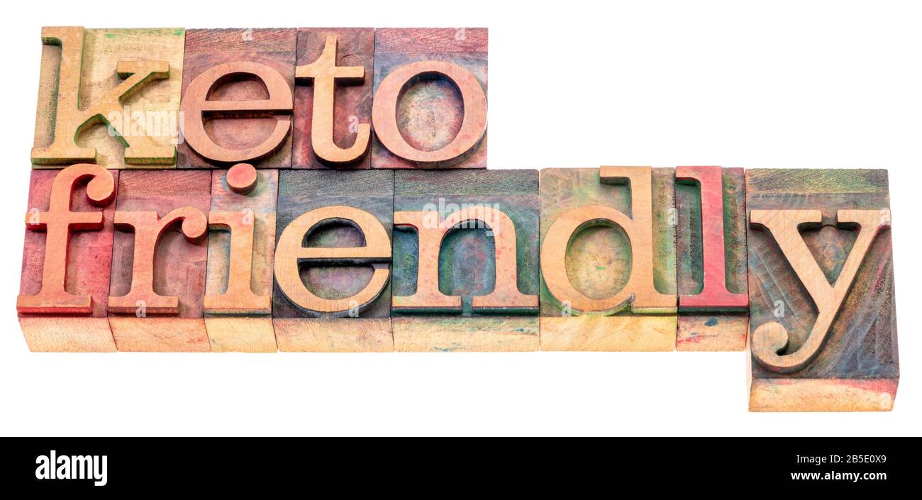 keto amichevole parola isolata astratta in legno vintage letterpress tipo, alto grasso e basso carbs ketogenic dieta concetto Foto Stock