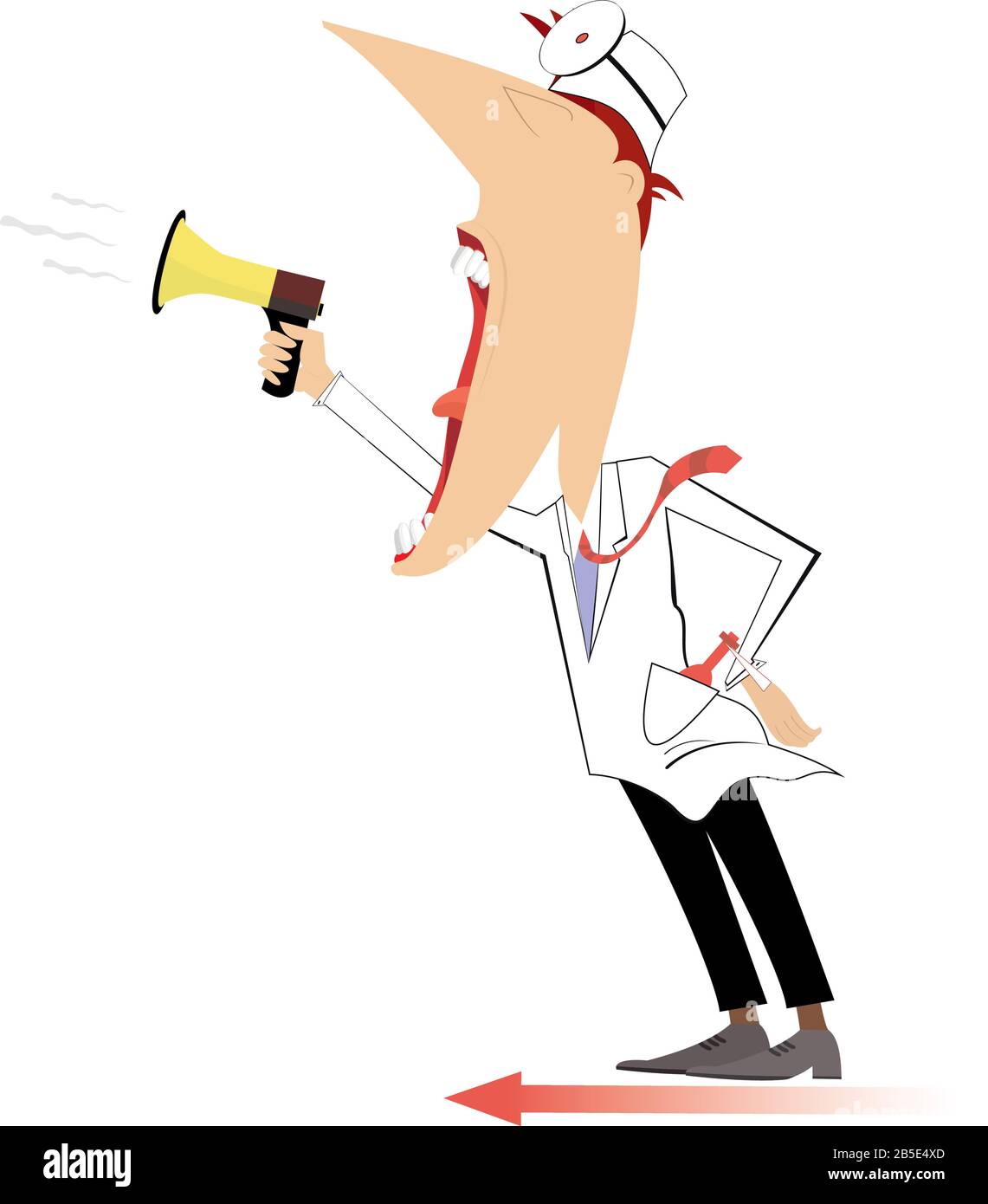 Il medico divertente grida a illustrazione del megafono. Cartoon dottore con grande bocca aperta dà informazioni utilizzando megafono isolato su bianco Illustrazione Vettoriale
