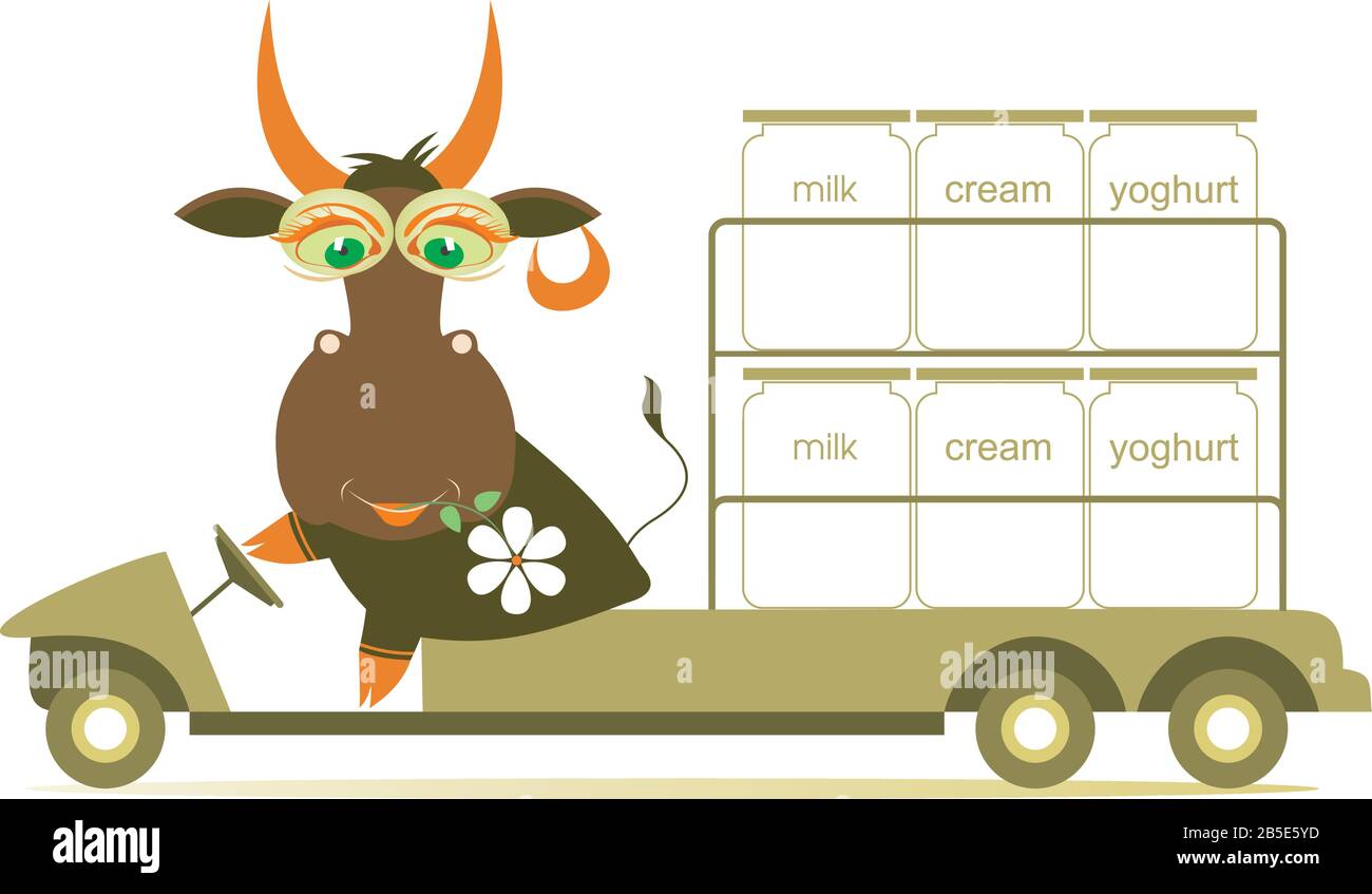 Funny vacca guida un camion con prodotti lattiero-caseari illustrazione.Cartoon fumetto mucca con un fiore in bocca guida un camion con latte, crema e yogurt isol Illustrazione Vettoriale