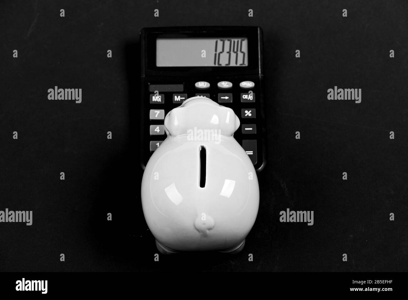 Risparmiare denaro. Contabilità e paghe. contabilità. problema finanziario. reddito capital management. pianificazione e budget di conteggio. salvadanaio con la calcolatrice. Salvadanaio. Nelle aziende moderne. Foto Stock