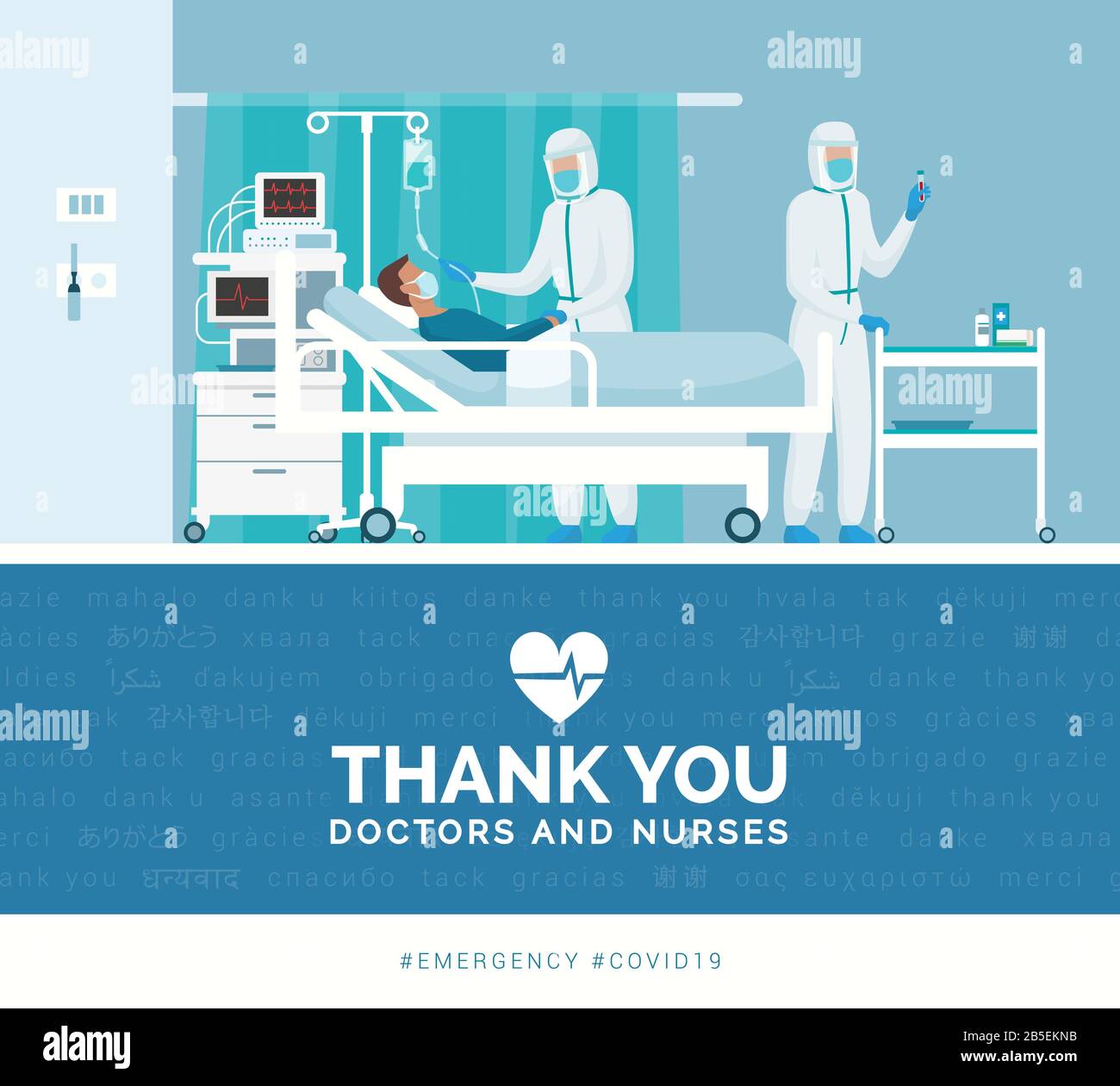 Grazie medici e infermieri che lavorano negli ospedali e combattono lo scoppio di covid-19, illustrazione vettoriale Illustrazione Vettoriale