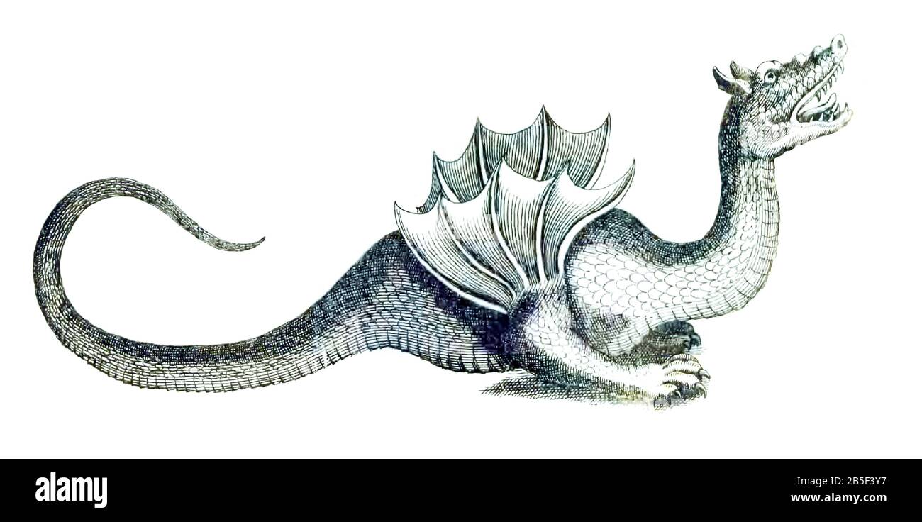 Stampa copperplata di creature Mitologiche e mostro marino di Johannes Jonston libro della natura 'Dr. I. Ionstons Beschrijving vande natuur der Vogelen Foto Stock