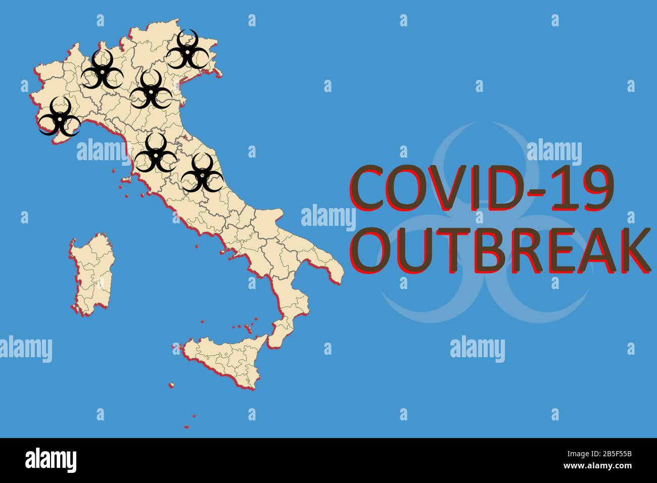 Concetto di Italia settentrionale in quarantena a causa del focolaio di Covid-19, coronavirus o sars COV 2 in Italia Foto Stock