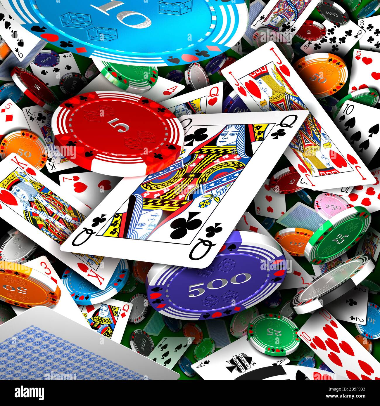 Carte da gioco, carte, fiches da gioco, chance, fortuna, casinò, caduta. Foto Stock