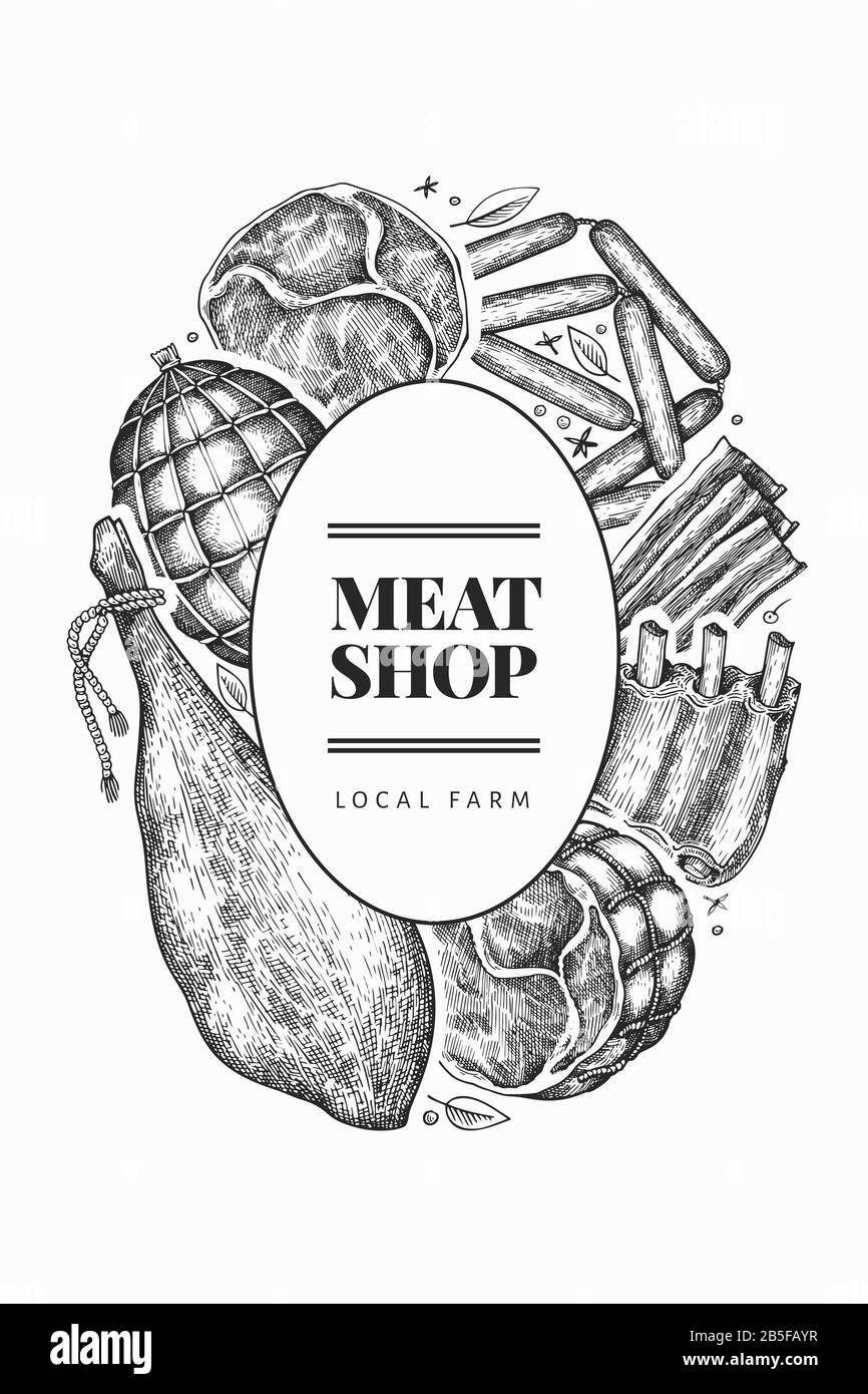 Modello retrò di progettazione di prodotti a base di carne vettoriale. Prosciutto, salsicce, jamon, spezie ed erbe. Illustrazione retro. Può essere utilizzato per il menu del ristorante. Illustrazione Vettoriale