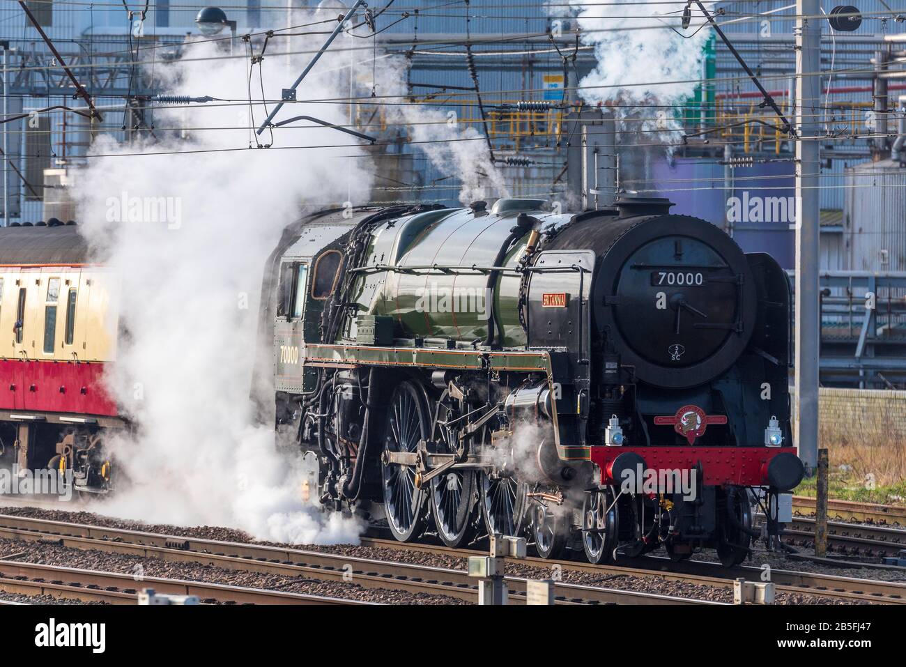 British Railways Standard Class 7, numero 70000 Britannia una locomotiva a vapore conservata, di proprietà della Locomotiva Royal Scot e del General Trust. Foto Stock