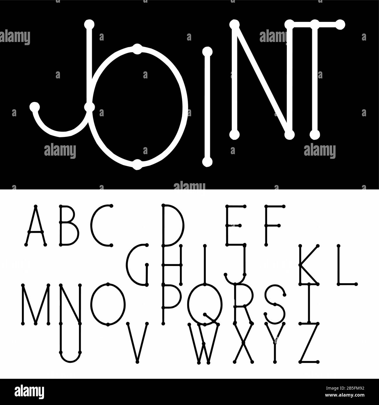 Carattere sottile stretto (Condensato) Normale Sans Serif (tipo vettoriale) con giunti (connettori) per composizioni inusuali (layout). Tipografia Maiuscola. Illustrazione Vettoriale