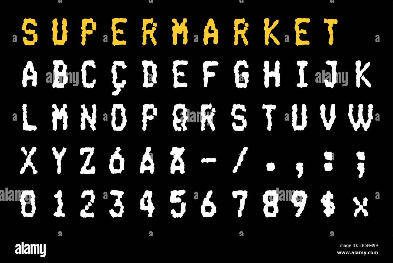 Carattere Del Supermarket/Ricevuta Bancaria (Shopping Bill) Graffiato E  Danneggiato. Font Tipografico In Stile Pixel (Punto) (Tipo Di Vettore).  Alfabeti E Num Maiuscoli Immagine e Vettoriale - Alamy