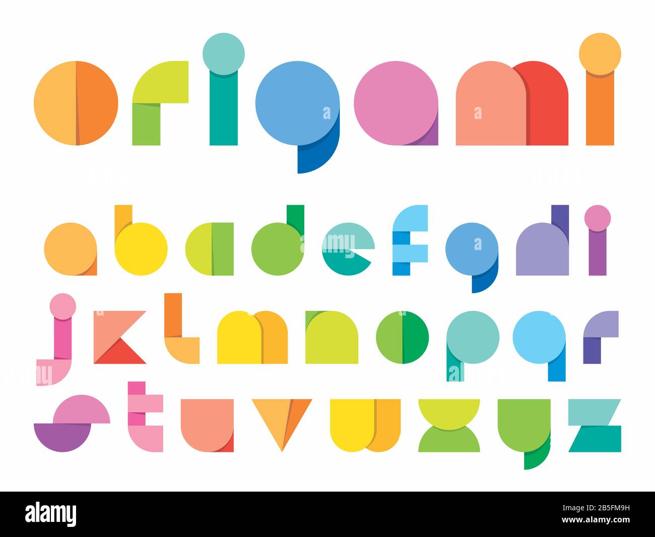 Carta per bambini ludica pieghevole (origami) stile vettore tipografico. Carattere minuscolo geometrico piatto. Tipografia Decorativa. Illustrazione Vettoriale