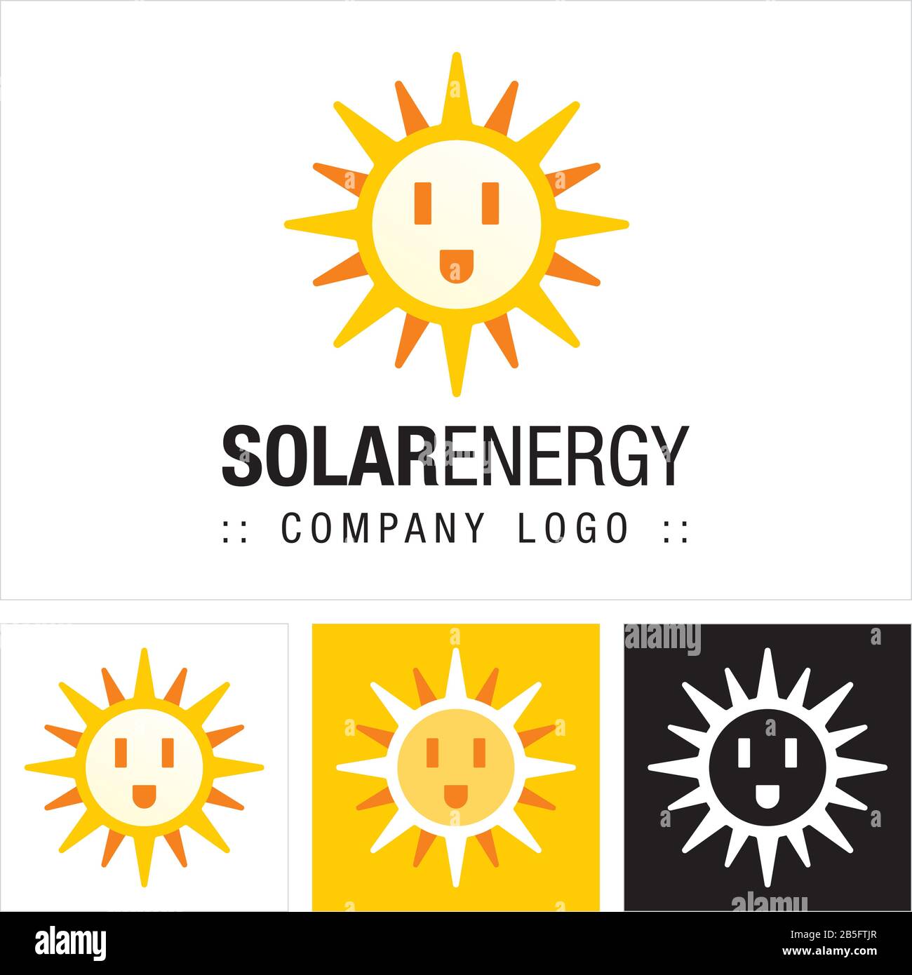 Logo Solar Energy Vector Symbol Company. Logotipo Stile Cartone Animato. Illustrazione Delle Icone Sun, Electric Plug And Smile (Emoticon). Concetto Di Identità Elegante Illustrazione Vettoriale