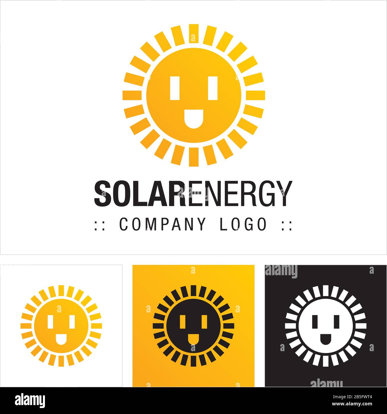 Logo Solar Energy Vector Symbol Company. Logotipo Stile Cartone Animato. Illustrazione Delle Icone Sun, Electric Plug And Smile (Emoticon). Concetto Di Identità Elegante Illustrazione Vettoriale
