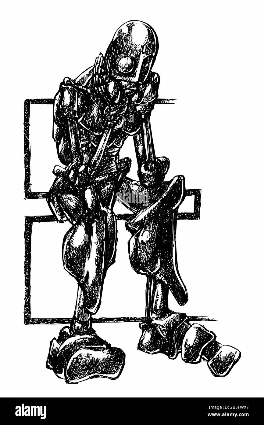 Disegno Di Inchiostro (Lavoro Di Portello) Del Robot Umanoide Dettagliato (Posa Di Pensiero Seduta) In Uno Stile Testurizzato. Manuale Artistico Illustrazione Vettorizzata. Depressione Illustrazione Vettoriale