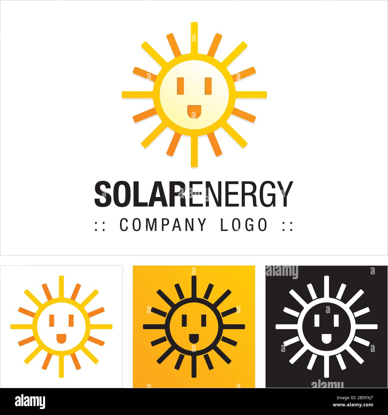 Logo Solar Energy Vector Symbol Company. Logotipo Stile Cartone Animato. Illustrazione Delle Icone Sun, Electric Plug And Smile (Emoticon). Concetto Di Identità Elegante Illustrazione Vettoriale