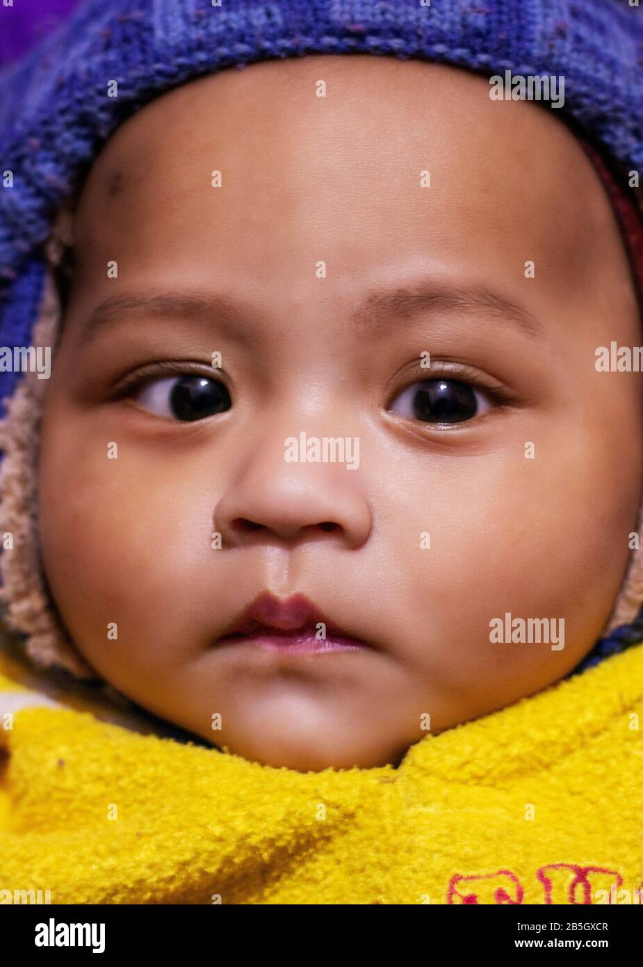 Primo piano del bambino indiano asiatico che guarda la macchina fotografica Foto Stock