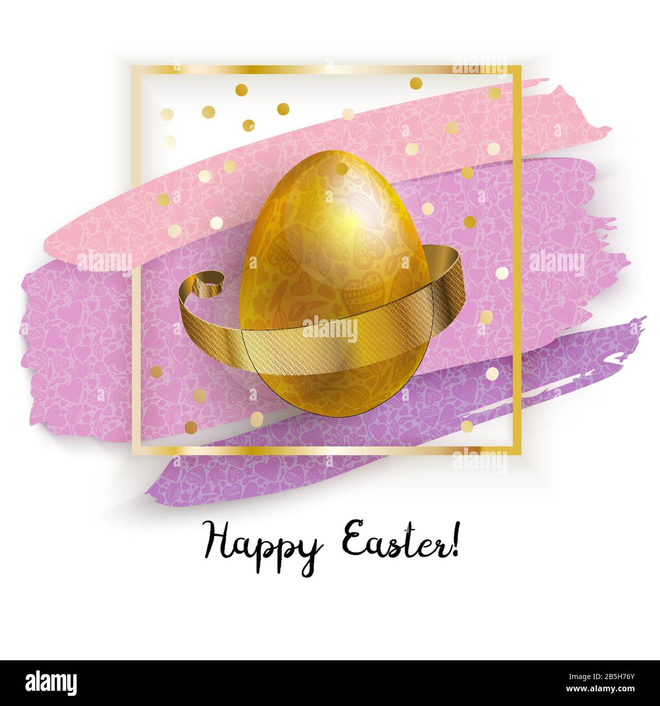 Oro uovo di Pasqua in Gold Square con fiori rosa su sfondo bianco. Grunge. Banner di Pasqua. Illustrazione Vettoriale