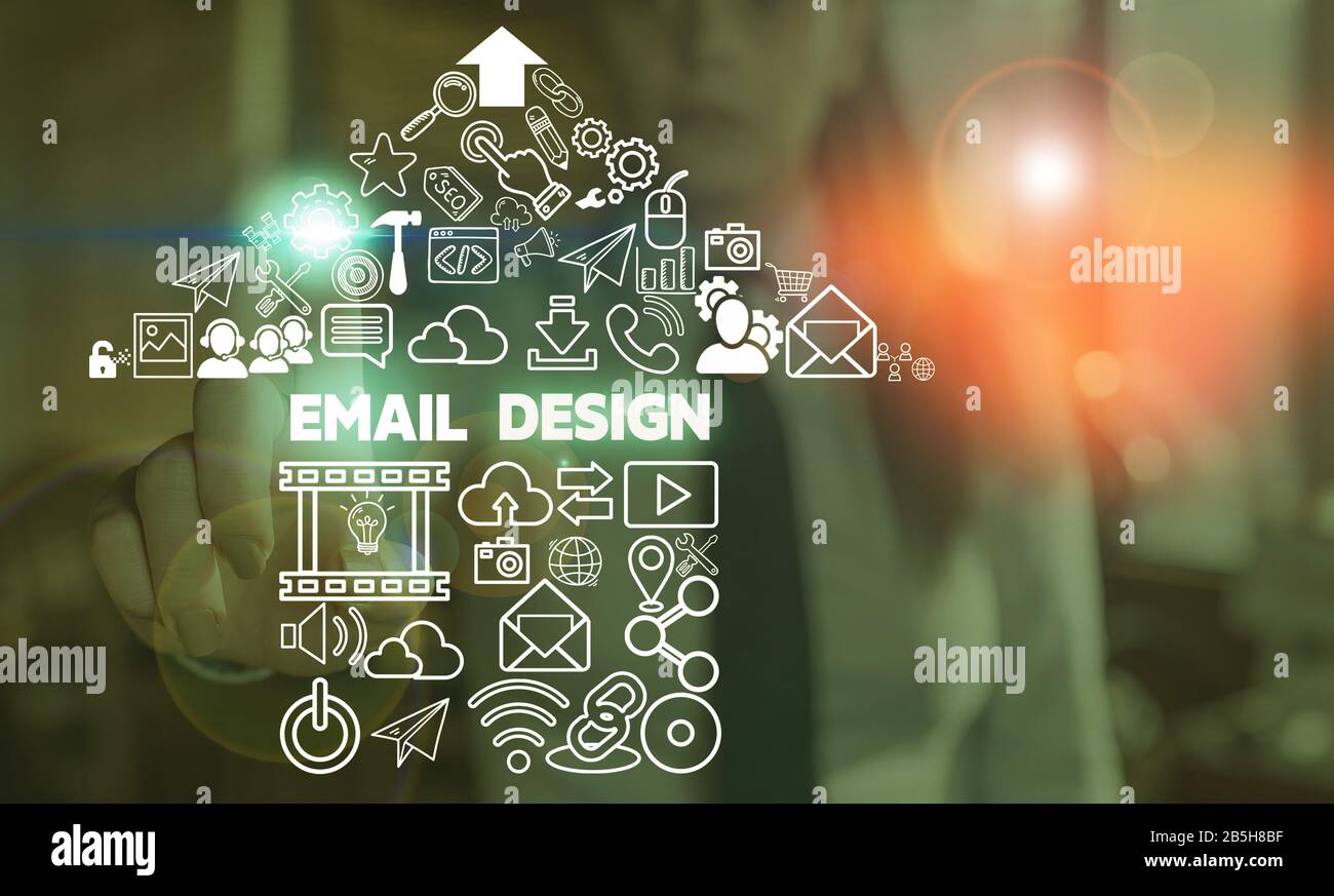 Testo della scrittura posta elettronica Design. Foto concettuale riutilizzabile file HTML che viene utilizzato per la creazione di campagne e-mail Foto Stock