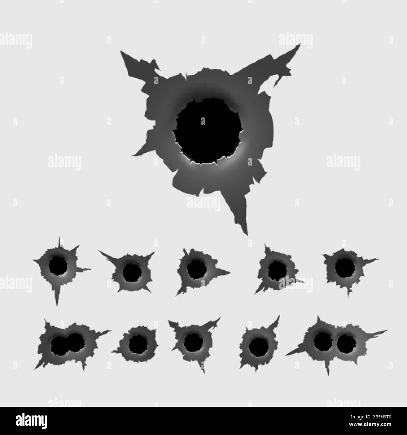 Set di Fori per lampadine. Elemento danneggiato diverso dal proiettile sulla superficie metallica. Illustrazione vettoriale Illustrazione Vettoriale