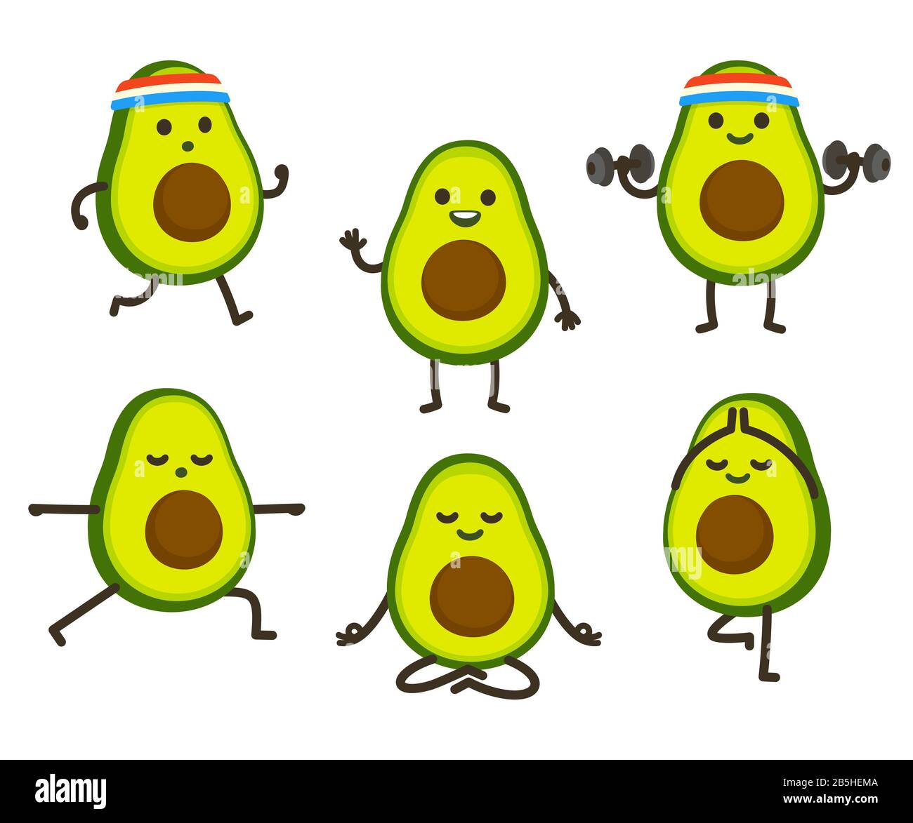 Carino cartone animato avocado personaggio set di illustrazione. Funny avocado jogging e sollevamento dumbbells, facendo yoga e meditando. Cardio, addestramento di resistenza e. Illustrazione Vettoriale