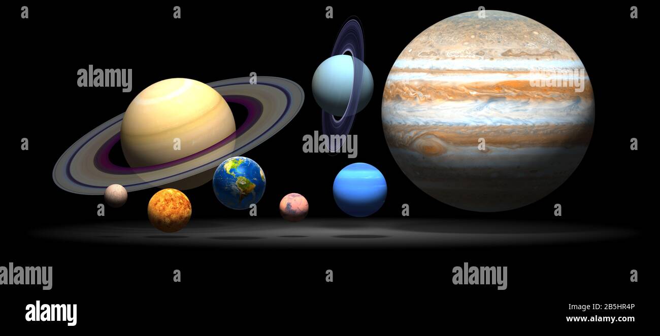 Pianeti. Pianeta. Il sistema solare su sfondo nero. Mercurio, Venere, Terra, Marte, Giove, Saturno, Nettuno, Urano. Foto Stock