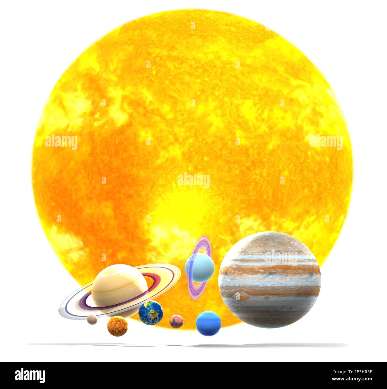 Pianeti. Pianeta. Il sistema solare su sfondo bianco. Sole, Mercurio, Venere, Terra, Marte, Giove, Saturno, Nettuno, Urano. Foto Stock